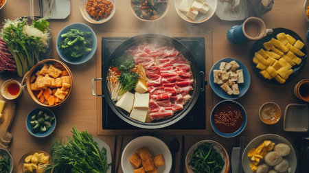 A beautifully arranged hot pot setup on a dining table, featuring a variety of ingredients like thinly sliced beef, tofu, and colorful vegetables, ready for cookingの素材