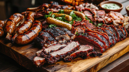 A close-up of a meat lover platter with an assortment of cooked meats, including beef brisket, grilled sausages, and barbecued ribs, arranged on a wooden board.の素材