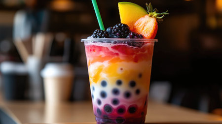 A close-up of a bubble tea cup with a colorful swirl of layers, including tea, milk, and pearls, topped with a vibrant fruit slice and a straw.の素材