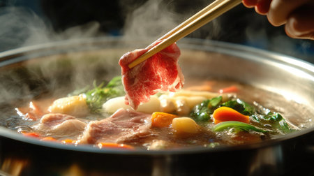A close-up of a hand using chopsticks to pick up a piece of meat from a steaming hot pot, with colorful vegetables and bubbling broth visible in the backgroundの素材