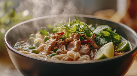 A close-up of a bowl of steaming Thai noodle soup with tender slices of meat, fresh herbs, and vibrant vegetables, garnished with lime and chili.の素材