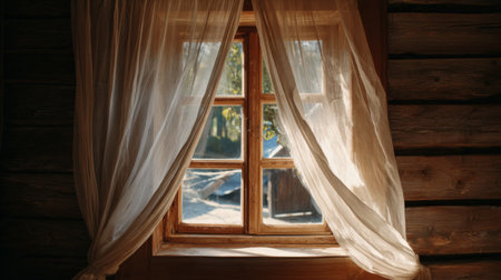 A charming rustic window draped with sheer curtains invites soft sunlight into a wooden cabin, highlighting serene natural views and creating a warm ambiance.の素材