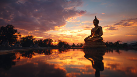 A stunning golden Buddha statue sits peacefully as the sun sets. The reflection in water complements the colorful sky, creating a tranquil atmosphere ideal for meditation.の素材