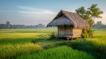 A peaceful bamboo hut stands amidst vibrant rice fields, surrounded by lush greenery and capturing the essence of rural life at sunrise, offering tranquility and beauty.の素材