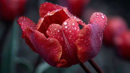 A stunning close-up of a red tulip flower adorned with glistening water drops. The image beautifully highlights the intricate details and vibrant colors of natureの素材