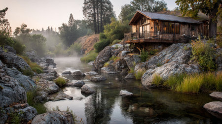 A picturesque riverside cabin emerges from the mist at dawn, surrounded by rocks and lush greenery, offering a serene escape into the beauty of nature.の素材