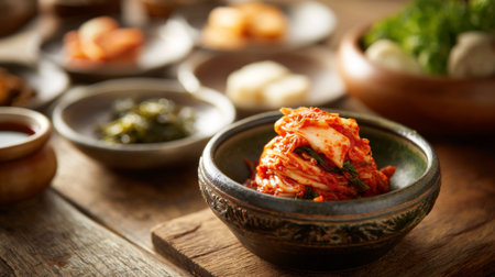 A close-up view of traditional Korean kimchi presented in a handcrafted clay bowl, surrounded by an array of fresh side dishes, highlighting authentic flavors and textures.の素材