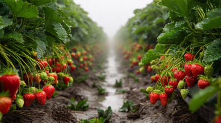 Lush strawberry field with vibrant red fruits, damp foliage, and a misty ambiance. Perfect for showcasing agriculture, fresh produce, and outdoor harvest activities.の素材