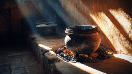 An atmospheric scene featuring a rustic cooking pot resting on a hearth, surrounded by warm light rays filtering through a cozy room. Perfect for illustrating traditional cooking methods.の素材