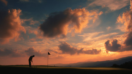 A serene silhouette of a golfer putting on a golf course during a breathtaking sunset, complemented by dramatic clouds and a calming horizon view. Ideal for sports and nature themes.の素材