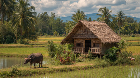 Experience the charm of rural life with a scenic view of a straw house by rice fields and a water buffalo, surrounded by lush palm trees and a serene sky.の素材