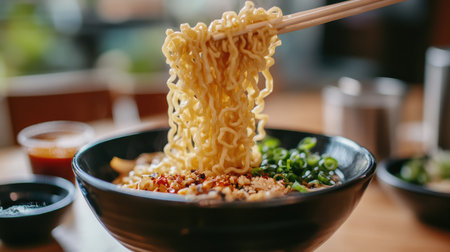 A close-up of instant noodles being lifted from a bowl with chopsticks, with a background of a neatly set table and additional garnishes and sauces.の素材