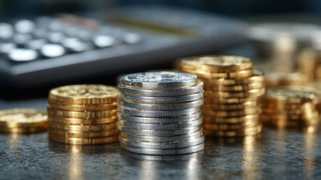 A close-up view of various stacks of silver and gold coins placed on a textured surface with a calculator in the background, emphasizing financial themes and investment concepts.の素材