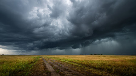 A breathtaking view of dark storm clouds looming over a vast open field, depicting nature's power and unpredictability, ideal for showcasing weather themes.の素材
