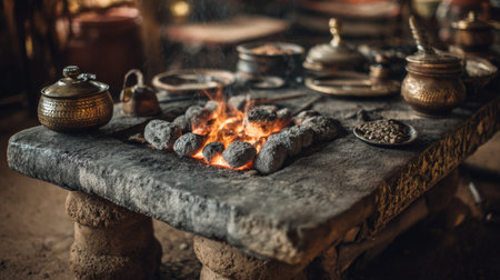 A rustic stone table adorned with traditional pots and utensils sits above a warm cooking fire, creating a nostalgic ambiance perfect for culinary adventures and heritage.の素材