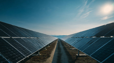 A serene image of a solar panel farm captures the essence of renewable energy, showcasing rows of photovoltaic panels bathed in sunlight against a clear blue sky.の素材