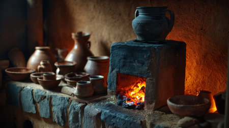 A rustic kitchen scene featuring handcrafted pottery and a glowing fire. This image captures the essence of traditional cooking and artisan craftsmanship.の素材