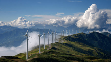 Majestic view of renewable energy wind turbines on a green mountain ridge, surrounded by clouds and dramatic sky. A perfect blend of nature and technology awaits.の素材