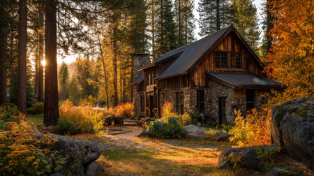 A charming stone cabin nestled in a vibrant autumn landscape, showcasing colorful foliage and towering pine trees, creating a serene atmosphere during sunset.の素材