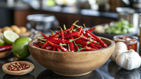 A close-up of vibrant red chilies in a wooden bowl, surrounded by garlic, lime, and fish sauce on a kitchen countertop, representing essential Thai condiments.の素材