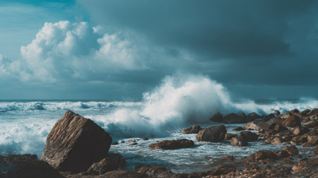 Experience the raw beauty of ocean waves crashing against rugged rocks beneath a moody sky. This captivating coastal scene embodies nature's power and tranquility.の素材