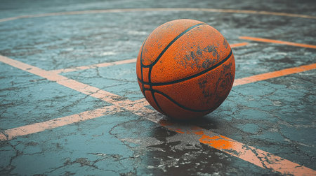 A close-up of a well-worn basketball on a court, with detailed texture and the iconic orange color, placed on a hardwood floor with court markingsの素材