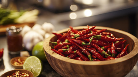 A close-up of vibrant red chilies in a wooden bowl, surrounded by garlic, lime, and fish sauce on a kitchen countertop, representing essential Thai condiments.の素材