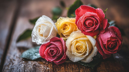 A dewy rose bouquet with multiple colors--red, white, and yellow--each flower covered in sparkling water droplets, placed on a rustic wooden tableの素材