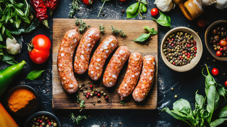 A detailed image of raw sausages on a butcher block, with visible seasoning and spices, ready to be cooked, surrounded by fresh ingredientsの素材