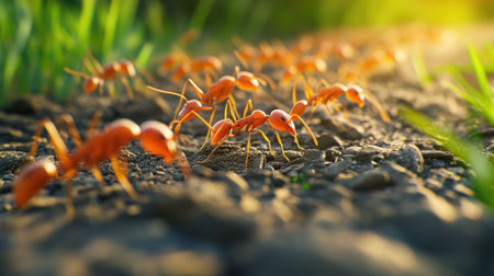 A close-up view of a group of ants forming a line, with focus on their tiny legs and bodies as they navigate through grass or soil.の素材