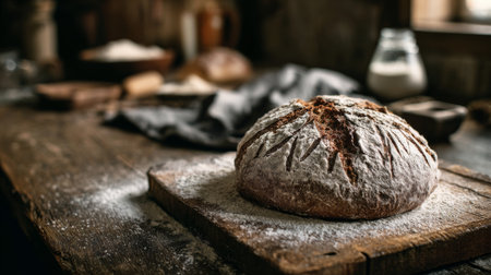 A rustic artisan bread sits on a wooden board, surrounded by flour and milk, evoking the warmth of traditional baking and the joy of homemade culinary creations.の素材