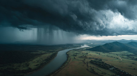 This stunning aerial photograph showcases a dramatic scene featuring dark storm clouds rolling over a lush green landscape and winding river, highlighting the power of nature.の素材