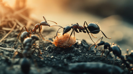 A close-up shot of ants working together to carry a piece of food back to their nest, with a focus on their coordination and strengthの素材