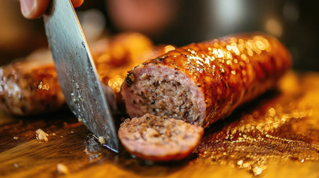 A close-up shot of a sausage being sliced on a wooden cutting board, showing the juicy interior and the texture of the meat and seasoning.の素材