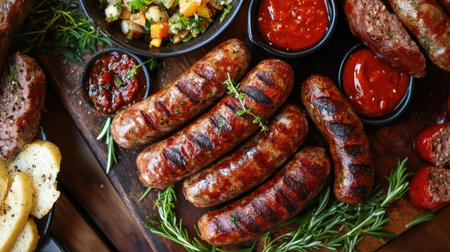 A high-quality image of sausages arranged on a serving platter, with close-up details showing their plumpness, and accompanied by dipping sauces and sidesの素材