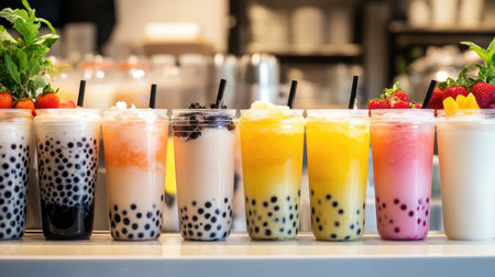 A high-quality image of a variety of bubble tea flavors, including classic milk tea, fruit-infused options, and specialty drinks, displayed on a counter.の素材