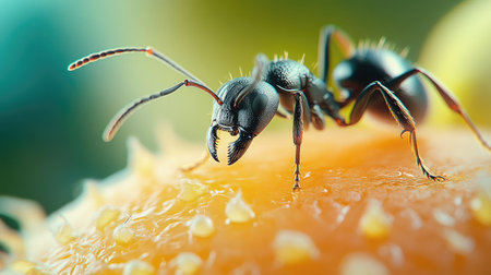 A high-quality image of an ant exploring a piece of fruit, with close-up detail of its antennae and legs, and a blurred background of the fruit.の素材