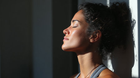 A young woman embraces a calm moment as she enjoys the warmth of sunlight on her face. Her serene expression and closed eyes convey a sense of peace and tranquility.の素材