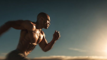 A powerful image of a male runner in mid-sprint, embodying energy and determination. The backdrop features a stunning sunset, enhancing the active scene.の素材