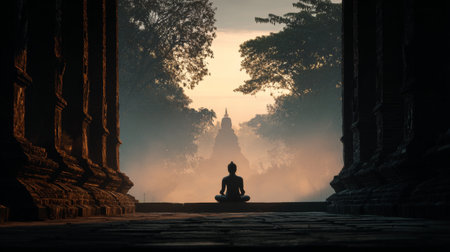 Experience the beauty of a tranquil morning scene featuring a meditative figure in silhouette at an ancient temple, surrounded by mist and nature's serene backdrop.の素材