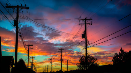 Experience a stunning sunset filled with vibrant colors and intricate cloud patterns, as power lines create striking silhouettes against a picturesque rural sky.の素材