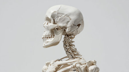 This image showcases a human skeleton in a side view, highlighting the intricate details and visible cracks for educational purposes in anatomy and healthcare studies.の素材