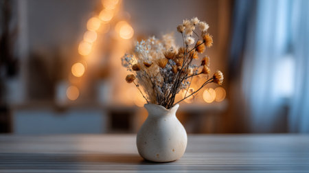 Serene and elegant, this image captures a dried flower arrangement in a simple white vase, set against a softly blurred background with warm bokeh lights.の素材