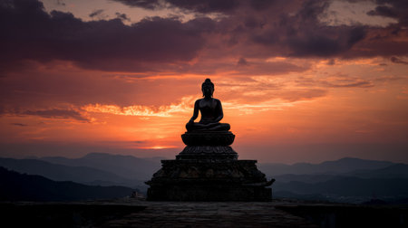A tranquil silhouette of a Buddha statue set against a stunning sunset backdrop, highlighting the beauty of nature and evoking a sense of peace and meditation.の素材