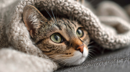 A close-up portrait of a cozy cat wrapped in a soft blanket, showcasing bright eyes and a calm expression. Perfect for evoking comfort, warmth, and love of pets.の素材