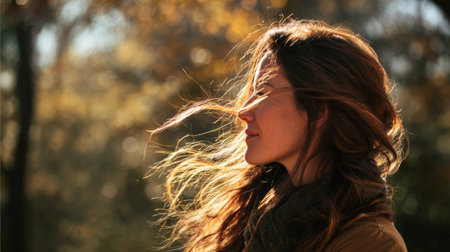 A beautiful moment captured as a woman enjoys a gentle breeze, her hair dancing in the wind against the soft backdrop of an autumn landscape, embodying peace.の素材