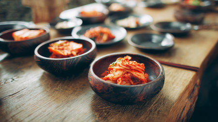 A rustic wooden table features bowls of vibrant kimchi, a traditional Korean side dish. Perfect for showcasing the beauty of Asian cuisine and culinary culture.の素材