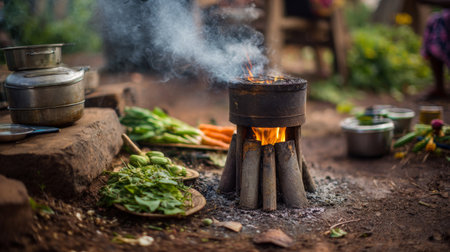 A vibrant scene of traditional cooking over an open fire, showcasing fresh vegetables and herbs in a rustic outdoor setting. The smoke rises, enhancing the atmosphere.の素材
