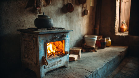 A rustic kitchen featuring a charming traditional stove with flickering firelight, creating a cozy and inviting atmosphere ideal for culinary endeavors and relaxation.の素材