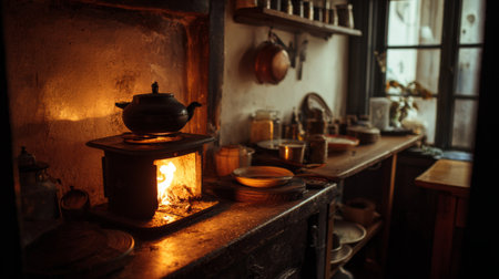This inviting kitchen scene features an old wood stove radiating warmth, surrounded by vintage utensils and rustic decor, creating a cozy and nostalgic atmosphere.の素材